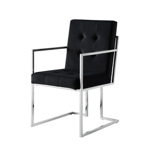 HomeRoots Set of Two Elegant Tufted Black Velvet Dining Arm Chairs with Silver Legs for Modern Spaces 543517
