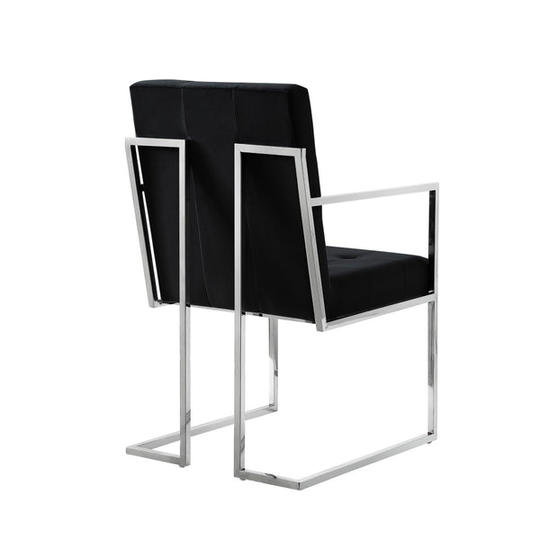 HomeRoots Set of Two Elegant Tufted Black Velvet Dining Arm Chairs with Silver Legs for Modern Spaces 543517