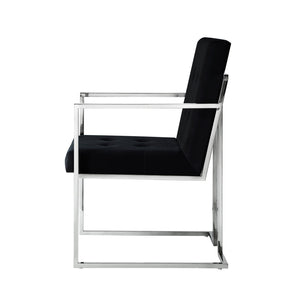 HomeRoots Set of Two Elegant Tufted Black Velvet Dining Arm Chairs with Silver Legs for Modern Spaces 543517