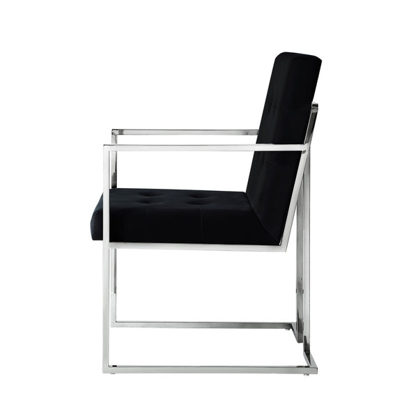 HomeRoots Set of Two Elegant Tufted Black Velvet Dining Arm Chairs with Silver Legs for Modern Spaces 543517