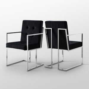 HomeRoots Set of Two Elegant Tufted Black Velvet Dining Arm Chairs with Silver Legs for Modern Spaces 543517