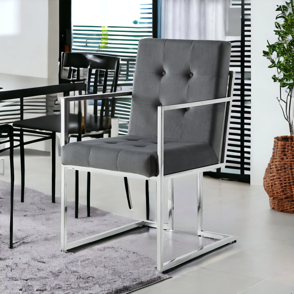 Homeroots Set Of Two Tufted Gray And Silver Metallic Upholstered Velvet Dining Arm Chairs  Metal 543518