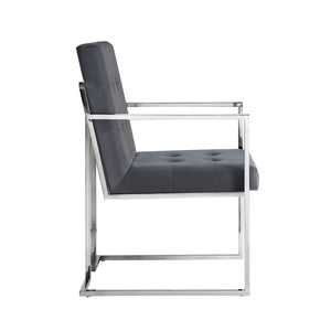 HomeRoots Set of Two Elegant Tufted Gray Velvet Arm Chairs with Silver Metallic Legs for Modern Dining Spaces 543518
