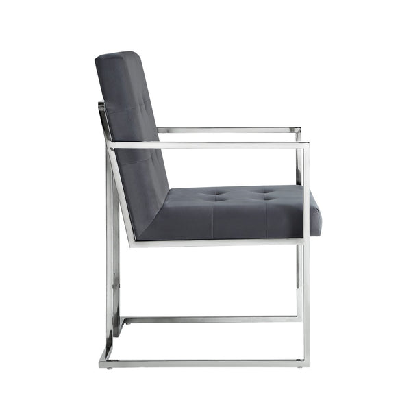 HomeRoots Set of Two Elegant Tufted Gray Velvet Arm Chairs with Silver Metallic Legs for Modern Dining Spaces 543518