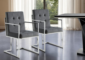 HomeRoots Set of Two Elegant Tufted Gray Velvet Arm Chairs with Silver Metallic Legs for Modern Dining Spaces 543518
