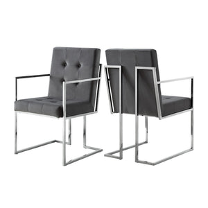 HomeRoots Set of Two Elegant Tufted Gray Velvet Arm Chairs with Silver Metallic Legs for Modern Dining Spaces 543518