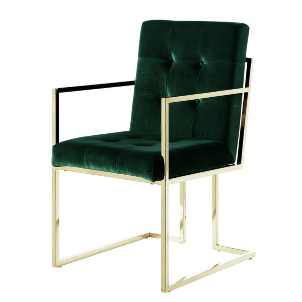 Homeroots Set Of Two Tufted Hunter Green And Gold Upholstered Velvet Dining Arm Chairs  Metal 543519