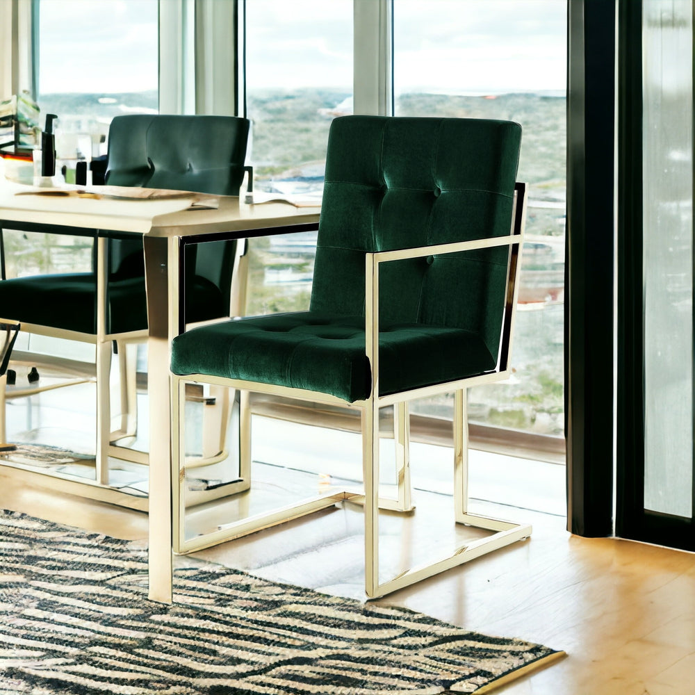 Homeroots Set Of Two Tufted Hunter Green And Gold Upholstered Velvet Dining Arm Chairs  Metal 543519