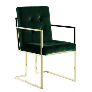 HomeRoots Set of Two Elegant Hunter Green Velvet Dining Arm Chairs with Gold Legs for Timeless Style 543519