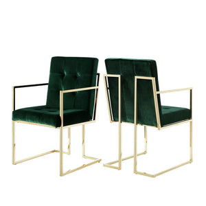 HomeRoots Set of Two Elegant Hunter Green Velvet Dining Arm Chairs with Gold Legs for Timeless Style 543519