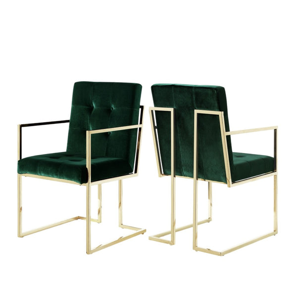 HomeRoots Set of Two Elegant Hunter Green Velvet Dining Arm Chairs with Gold Legs for Timeless Style 543519