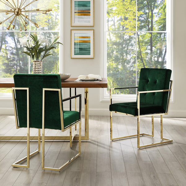 Homeroots Set Of Two Tufted Hunter Green And Gold Upholstered Velvet Dining Arm Chairs  Metal 543519