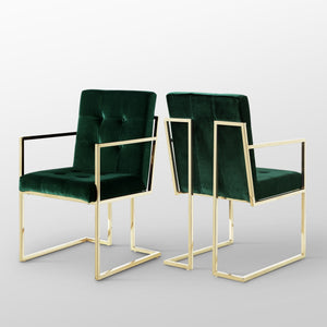 Homeroots Set Of Two Tufted Hunter Green And Gold Upholstered Velvet Dining Arm Chairs  Metal 543519