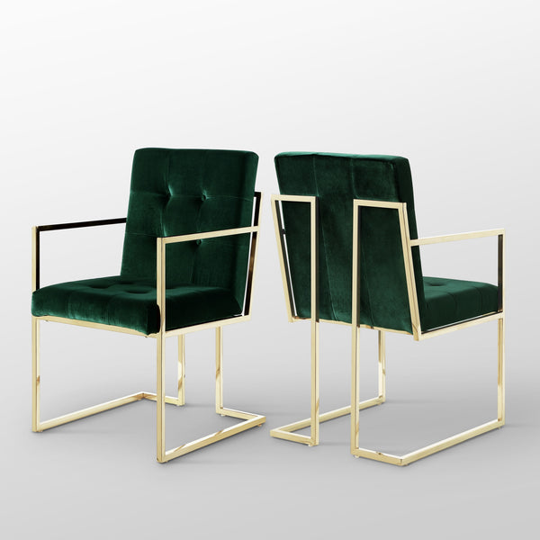 Homeroots Set Of Two Tufted Hunter Green And Gold Upholstered Velvet Dining Arm Chairs  Metal 543519