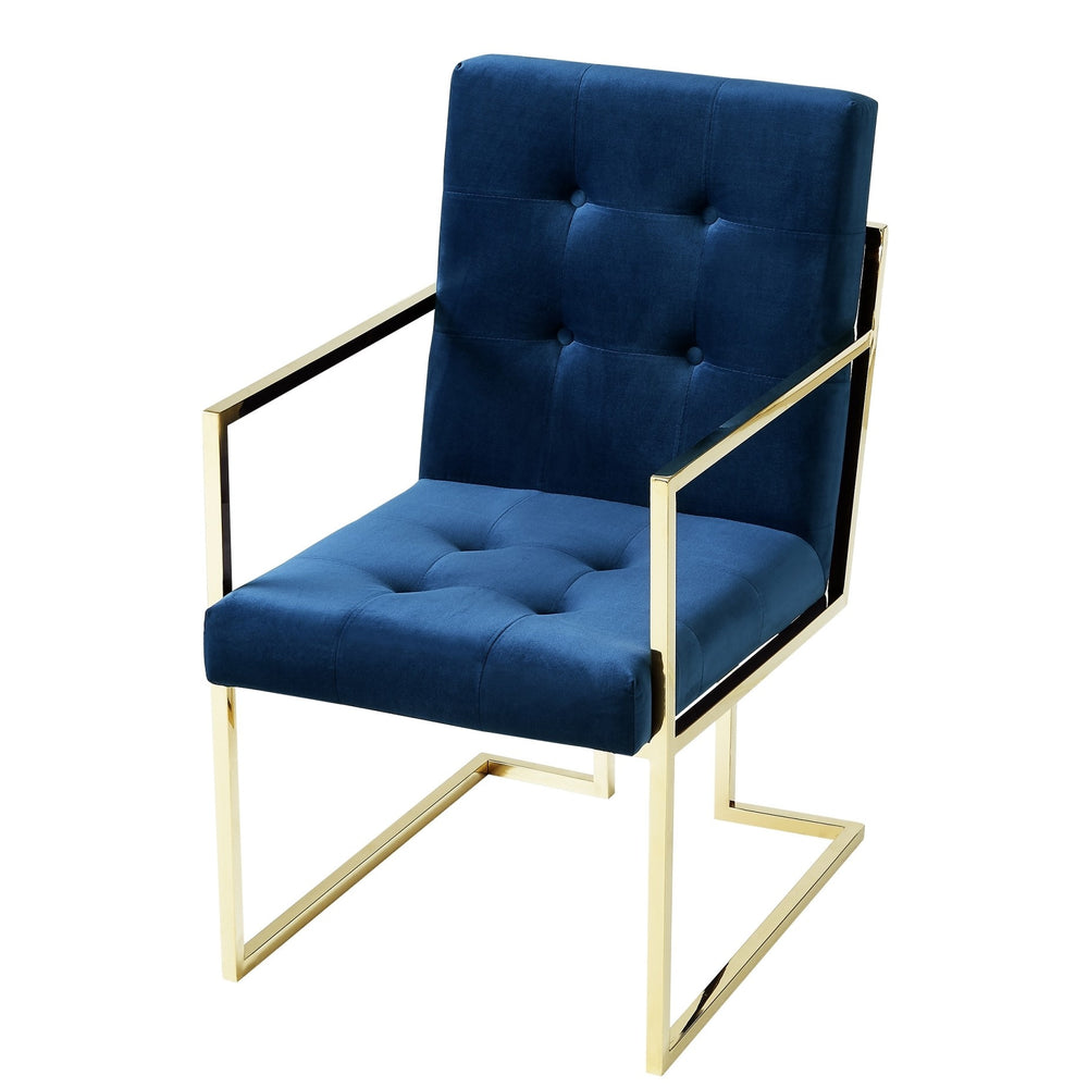 Homeroots Set Of Two Tufted Navy Blue And Gold Upholstered Velvet Dining Arm Chairs  Metal 543520