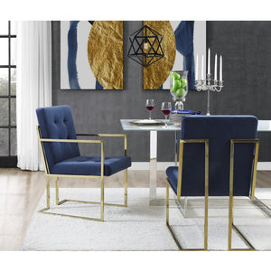 Homeroots Set Of Two Tufted Navy Blue And Gold Upholstered Velvet Dining Arm Chairs  Metal 543520