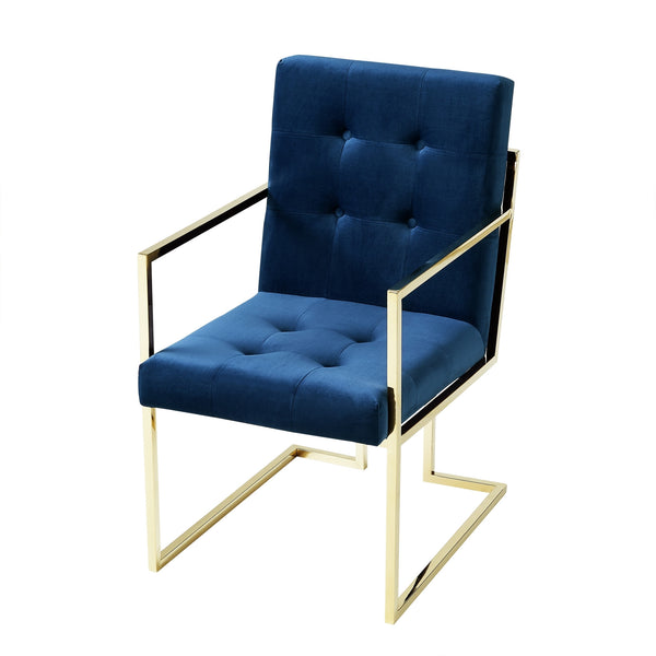 Homeroots Set Of Two Tufted Navy Blue And Gold Upholstered Velvet Dining Arm Chairs  Metal 543520