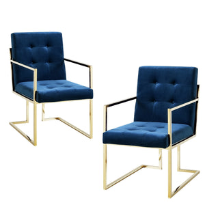 Homeroots Set Of Two Tufted Navy Blue And Gold Upholstered Velvet Dining Arm Chairs  Metal 543520