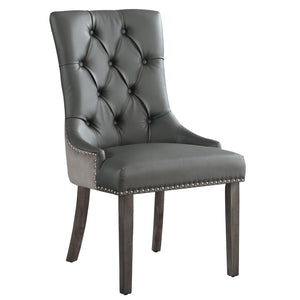 HomeRoots Set of Two Stylish Tufted Dark Gray & Black Faux Leather Dining Chairs for Versatile Spaces 543521