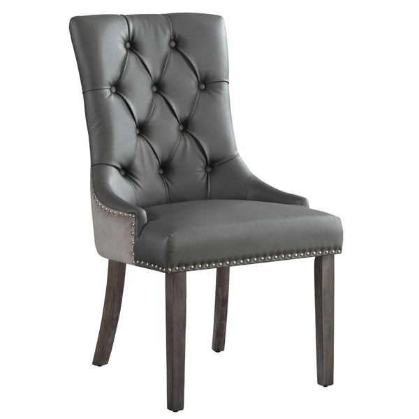 HomeRoots Set of Two Stylish Tufted Dark Gray & Black Faux Leather Dining Chairs for Versatile Spaces 543521