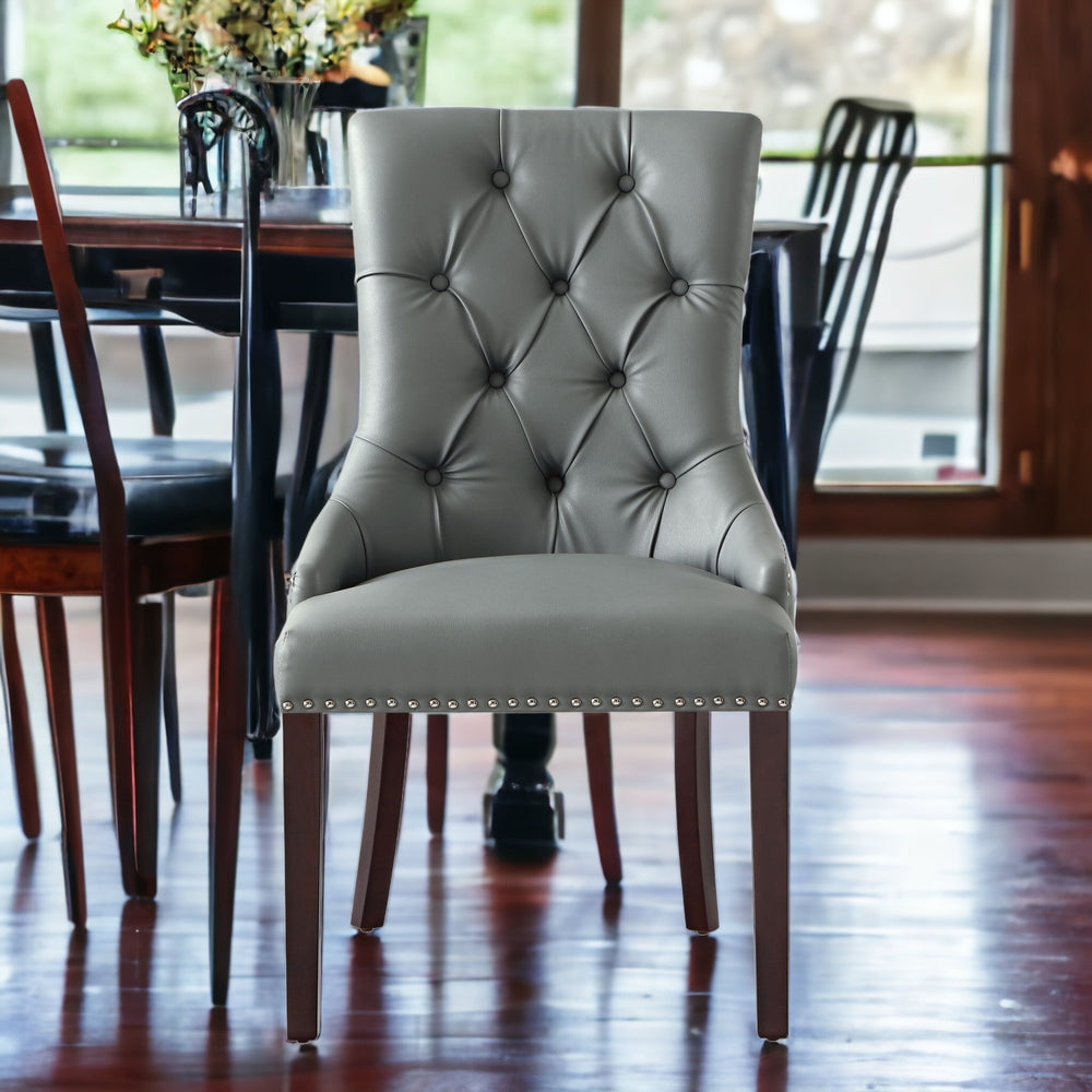 Homeroots Set Of Two Tufted Light Gray And Espresso Upholstered Faux Leather Dining Side Chairs  Wood 543523