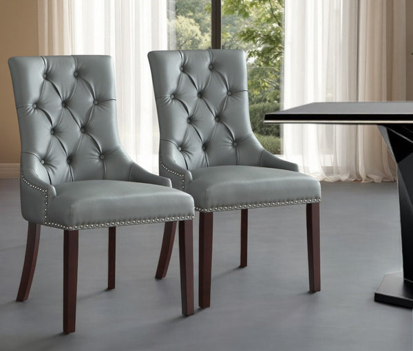 HomeRoots Set of Two Elegant Tufted Light Gray Faux Leather Dining Chairs with Espresso Wood Legs 543523