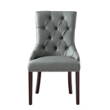 Set of Two Tufted Light Gray Faux Leather Dining Chairs with Espresso Accents and Nailhead Trim