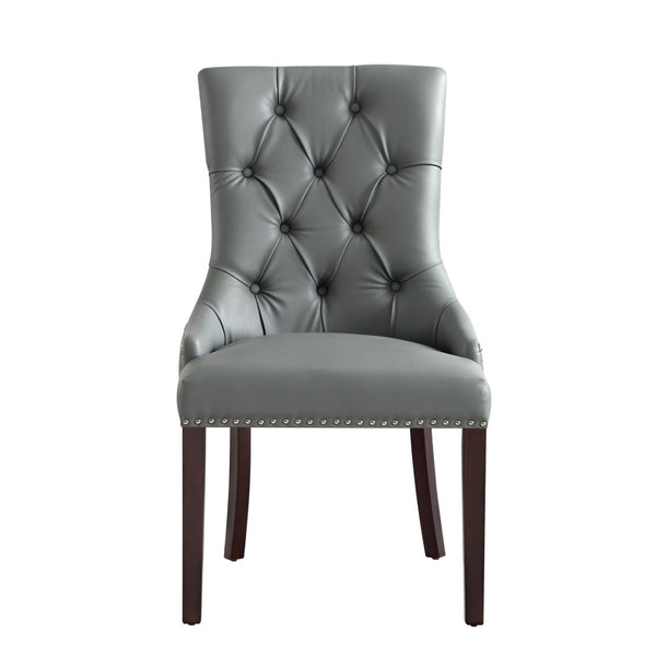 HomeRoots Set of Two Elegant Tufted Light Gray Faux Leather Dining Chairs with Espresso Wood Legs 543523
