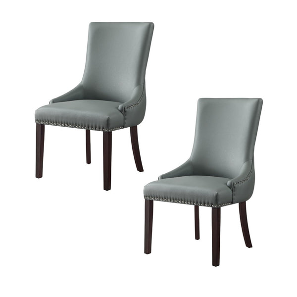 HomeRoots Set of Two Elegant Tufted Light Gray Faux Leather Dining Chairs with Espresso Legs & Nailhead Trim 543525