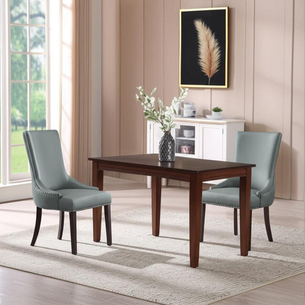HomeRoots Set of Two Elegant Tufted Light Gray Faux Leather Dining Chairs with Espresso Legs & Nailhead Trim 543525