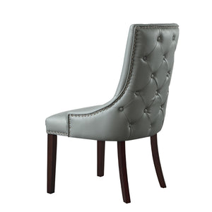 HomeRoots Set of Two Elegant Tufted Light Gray Faux Leather Dining Chairs with Espresso Legs & Nailhead Trim 543525
