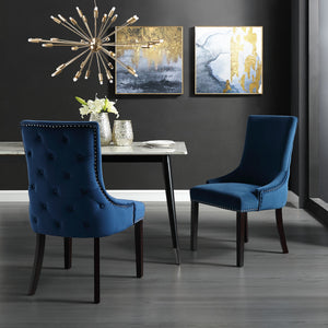 Homeroots Set Of Two Tufted Navy Blue And Espresso Upholstered Velvet Dining Side Chairs  Wood 543528