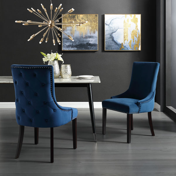 Homeroots Set Of Two Tufted Navy Blue And Espresso Upholstered Velvet Dining Side Chairs  Wood 543528
