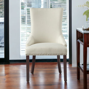 Homeroots Set Of Two Tufted Cream And Espresso Upholstered Linen Dining Side Chairs  Wood 543529