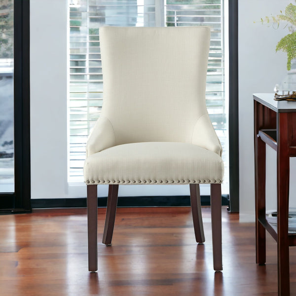 Homeroots Set Of Two Tufted Cream And Espresso Upholstered Linen Dining Side Chairs  Wood 543529