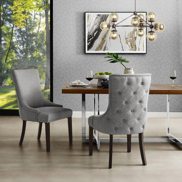 HomeRoots Set of Two Elegant Tufted Light Gray Upholstered Dining Chairs with Espresso Legs & Nailhead Trim 543530