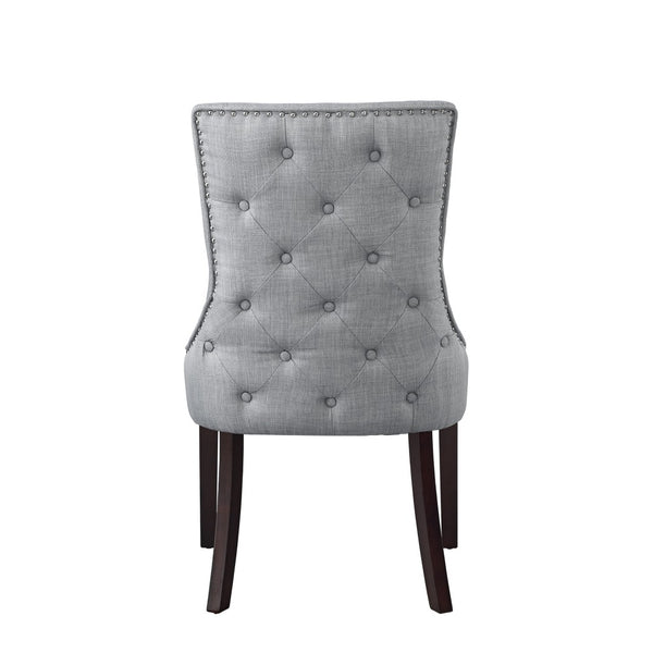 HomeRoots Set of Two Elegant Tufted Light Gray Upholstered Dining Chairs with Espresso Legs & Nailhead Trim 543530