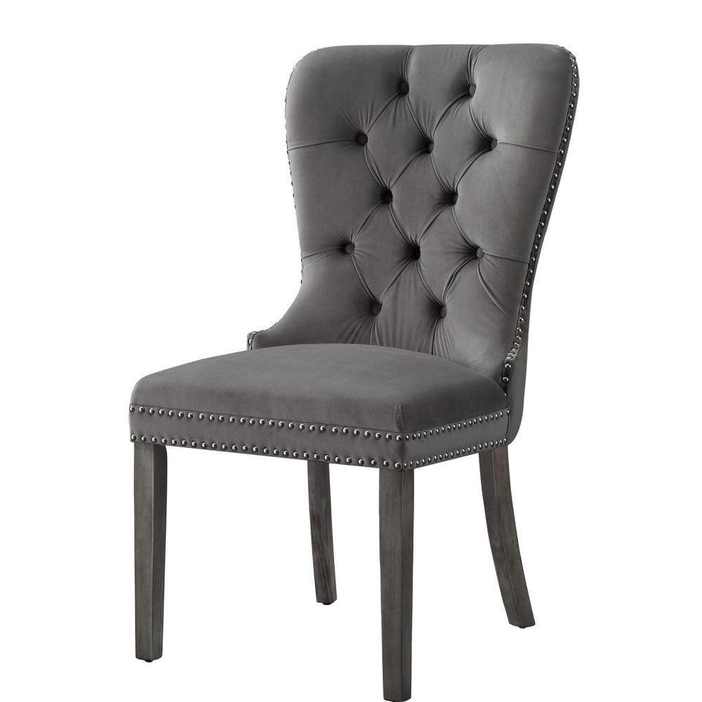 HomeRoots Set of Two Elegant Tufted Velvet Dining Chairs in Gray with Nailhead Trim for Stylish Comfort 543531