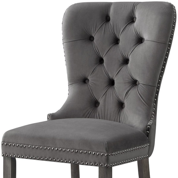 HomeRoots Set of Two Elegant Tufted Velvet Dining Chairs in Gray with Nailhead Trim for Stylish Comfort 543531