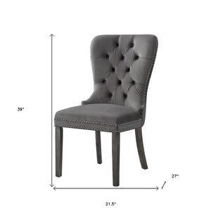 HomeRoots Set of Two Elegant Tufted Velvet Dining Chairs in Gray with Nailhead Trim for Stylish Comfort 543531