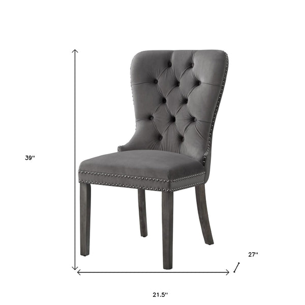 HomeRoots Set of Two Elegant Tufted Velvet Dining Chairs in Gray with Nailhead Trim for Stylish Comfort 543531