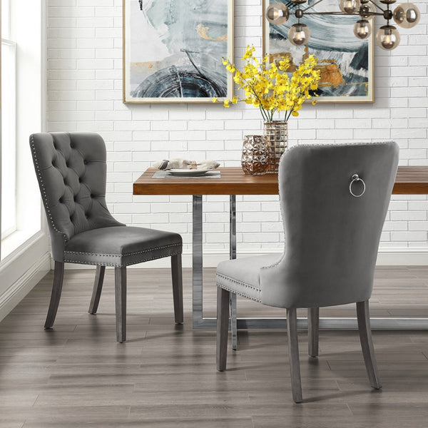 HomeRoots Set of Two Elegant Tufted Velvet Dining Chairs in Gray with Nailhead Trim for Stylish Comfort 543531