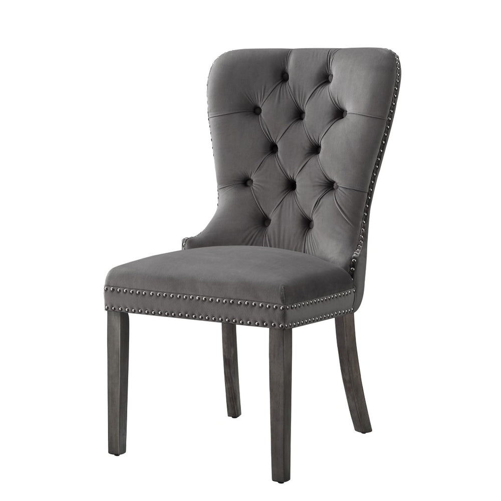 HomeRoots Set of Two Elegant Tufted Velvet Dining Chairs in Gray with Nailhead Trim for Stylish Comfort 543531