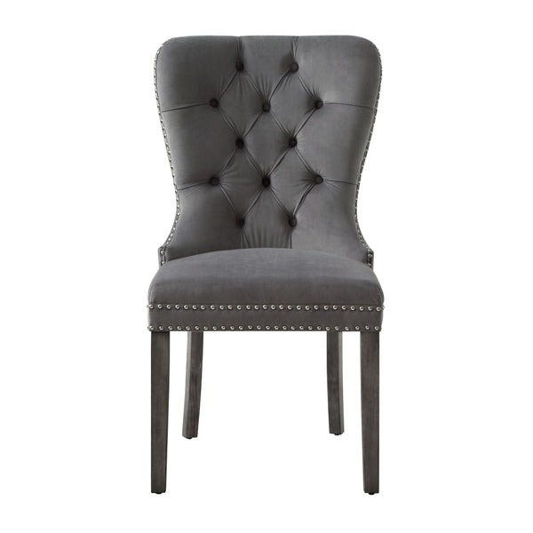 HomeRoots Set of Two Elegant Tufted Velvet Dining Chairs in Gray with Nailhead Trim for Stylish Comfort 543531