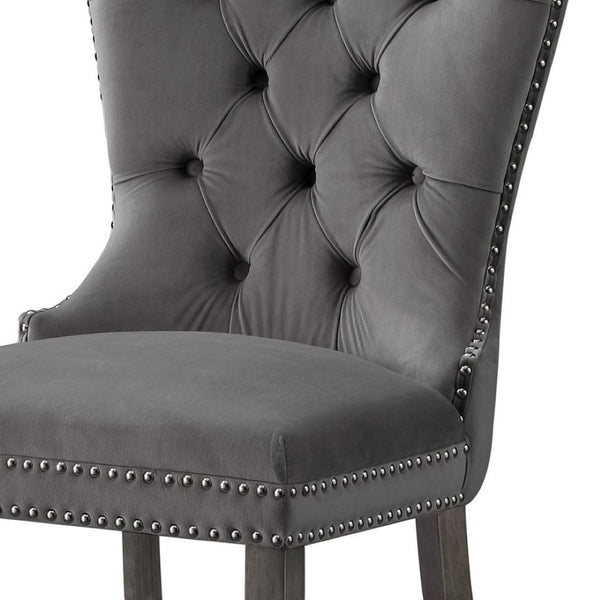 HomeRoots Set of Two Elegant Tufted Velvet Dining Chairs in Gray with Nailhead Trim for Stylish Comfort 543531