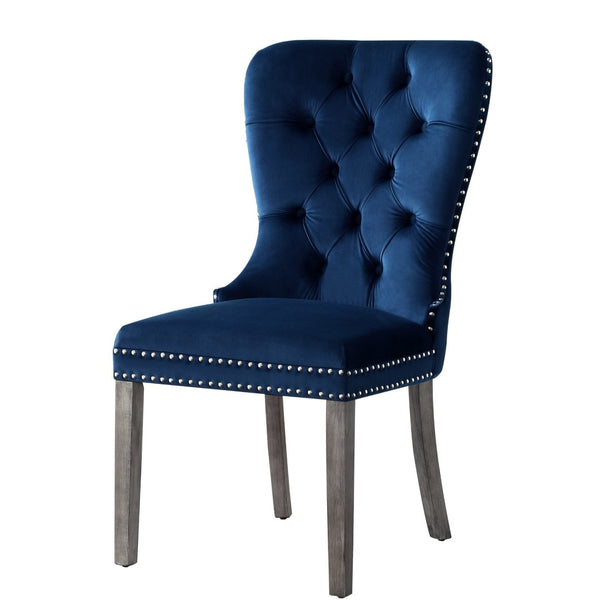 HomeRoots Set of Two Elegant Tufted Velvet Dining Chairs in Navy Blue & Light Gray for Stylish Seating 543532