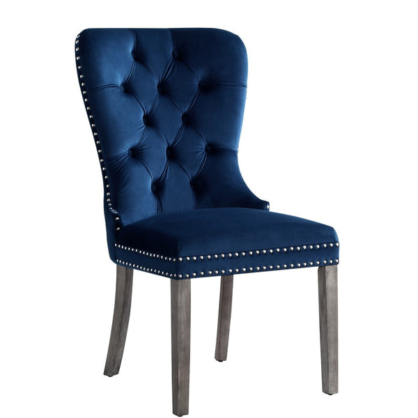 HomeRoots Set of Two Elegant Tufted Velvet Dining Chairs in Navy Blue & Light Gray for Stylish Seating 543532