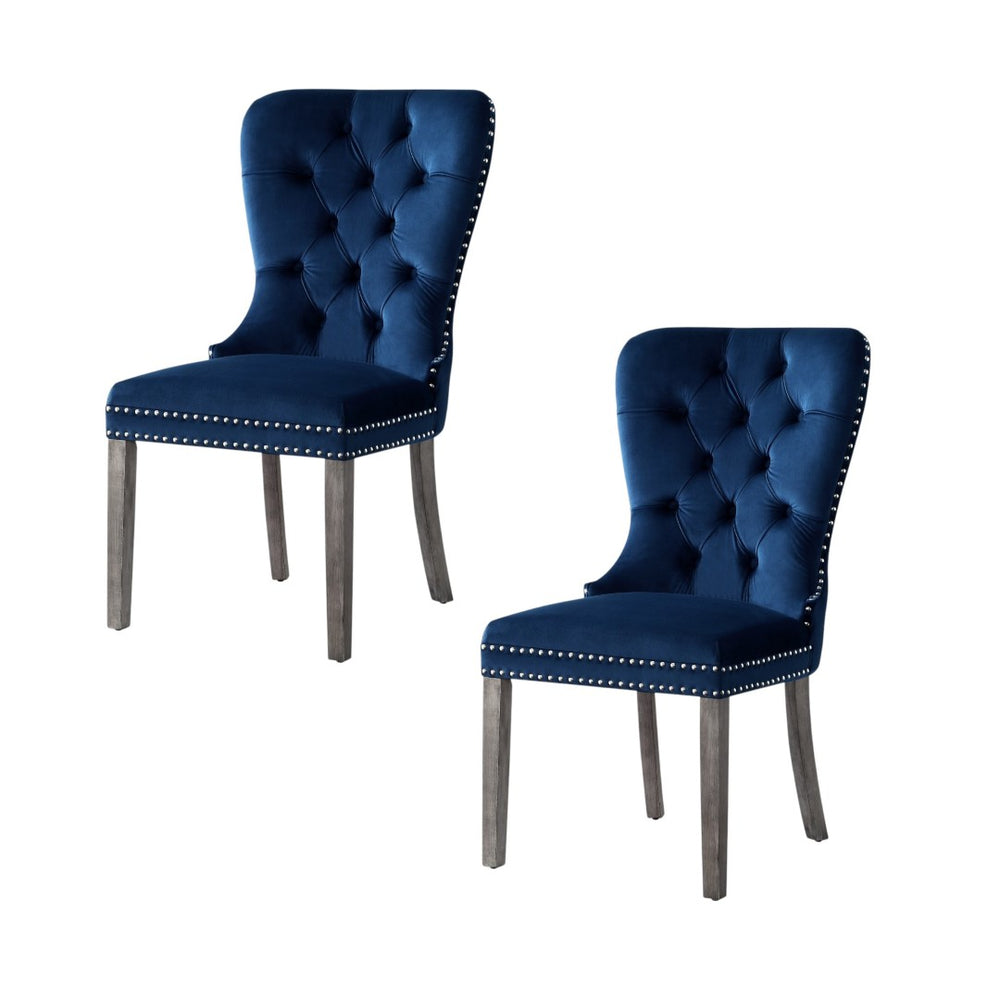 HomeRoots Set of Two Elegant Tufted Velvet Dining Chairs in Navy Blue & Light Gray for Stylish Seating 543532