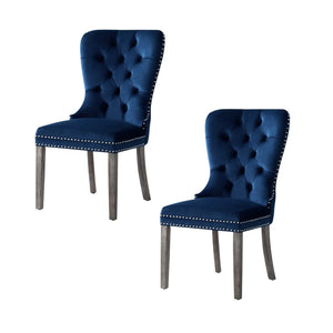 HomeRoots Set of Two Elegant Tufted Velvet Dining Chairs in Navy Blue & Light Gray for Stylish Seating 543532