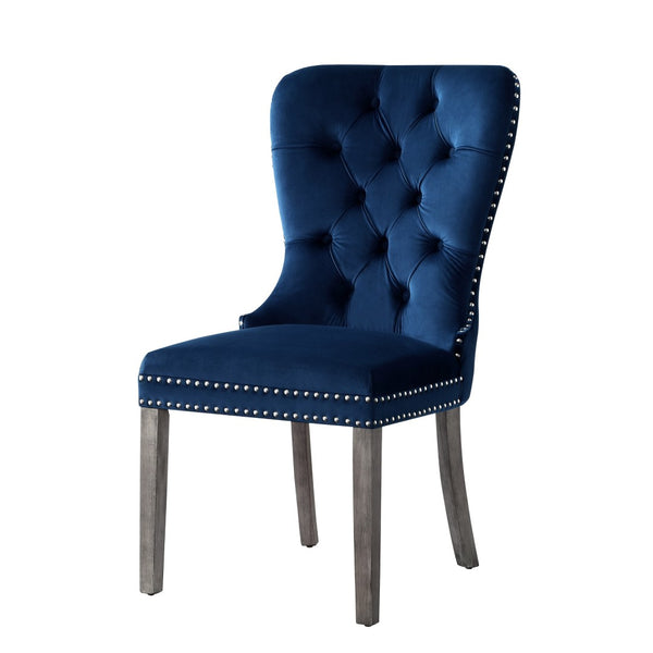 HomeRoots Set of Two Elegant Tufted Velvet Dining Chairs in Navy Blue & Light Gray for Stylish Seating 543532